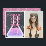 Science Flask Chalkboard Girl Pink Photo Birthday Invitation<br><div class="desc">This cool  "grab your lab coat" science birthday experiment party photo invitation for girls features a chalkboard /  blackboard background with a flask framed by a white border. The reverse side features a pink background with molecule patterns. Personalise for your needs. You can find matching products at my store.</div>