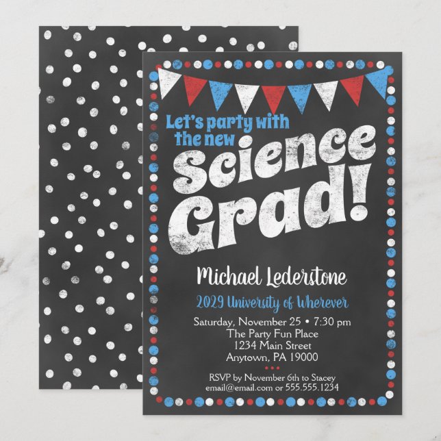 Science Graduation Party Invitation Red Blue (Front/Back)