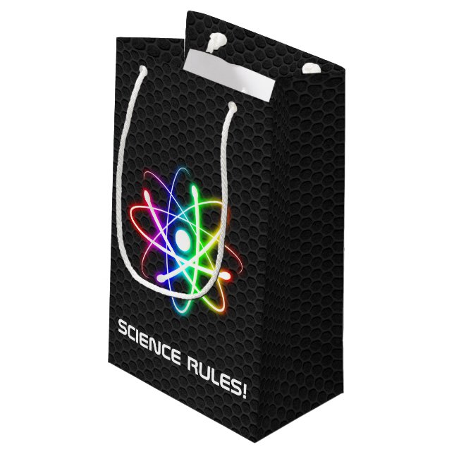 SCIENCE RULES | Nerd Glowing Atom Symbol Small Gift Bag (Back Angled)