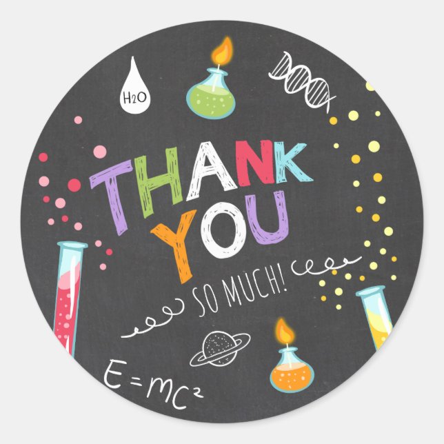 Science Sticker Thank you Birthday Favour tag Lab (Front)