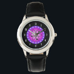 Science Symbol on a Pink background Watch<br><div class="desc">Science themed image. A circular shaped image with the symbol of the atom inside. A pink background contrasts with the black symbol. A purple border with white stars circles around the illustration. A funky image for geeks and science buffs.</div>