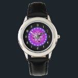 Science Symbol on a Pink background Watch<br><div class="desc">Science themed image. A circular shaped image with the symbol of the atom inside. A pink background contrasts with the black symbol. A purple border with white stars circles around the illustration. A funky image for geeks and science buffs.</div>