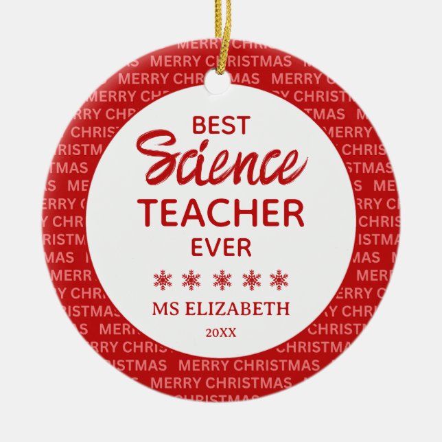 Science Teacher Typography Christmas Red Ceramic Tree Decoration (Front)