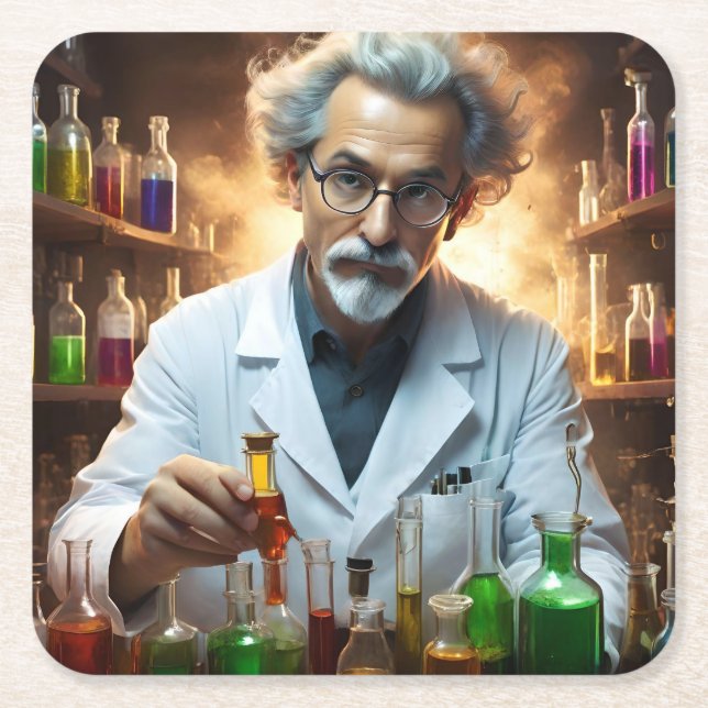 Scientist In A Laboratory Mixing Potions, Square Paper Coaster (Front)