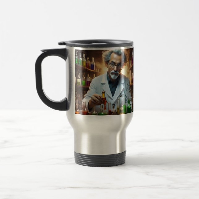 Scientist In A Laboratory Mixing Potions, Travel Mug (Left)