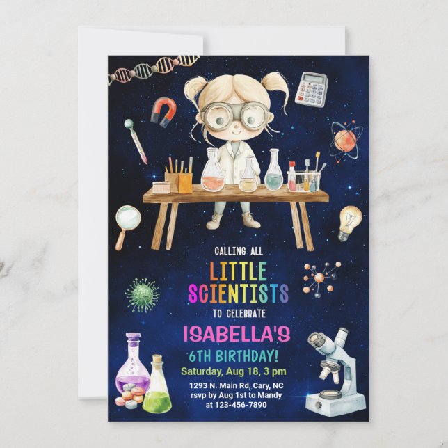 Scientist, Mad Science girl birthday invite. Invitation (Front)