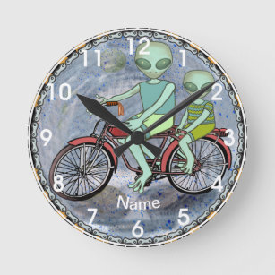 Scifi Alien Bicycle  custom name Round Clock