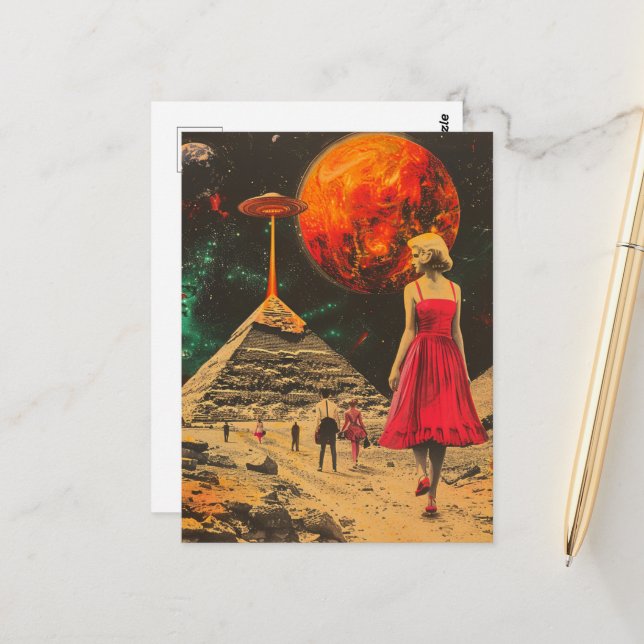 Scifi Fantasy Aliens and Woman in Red Dress  Postcard (Front/Back In Situ)