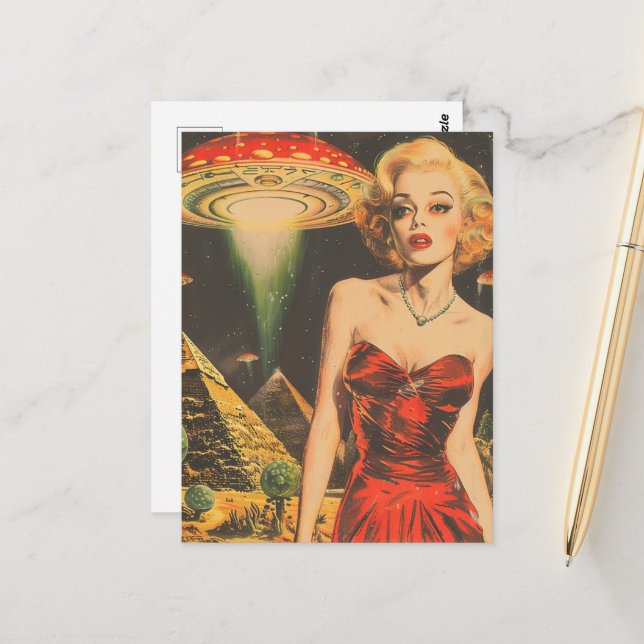 Scifi Fantasy Aliens Blonde Woman in Red Dress  Postcard (Front/Back In Situ)