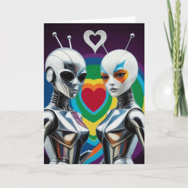 SciFi Female Robots in Love Rainbow Heart Card (Front)