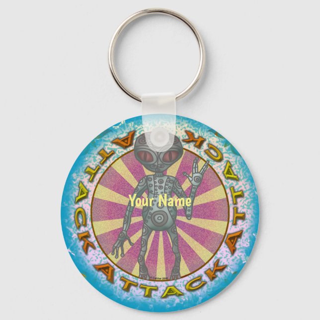 Scifi Robot Alien Attack custom name Keychain (Front)
