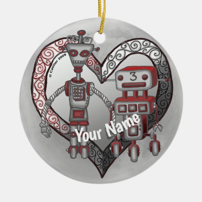 Scifi robot love  ceramic tree decoration (Front)
