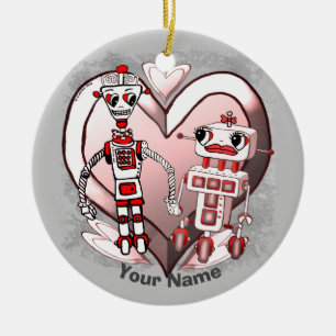 Scifi robots in love ceramic tree decoration