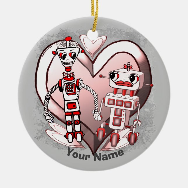 Scifi robots in love ceramic tree decoration (Front)