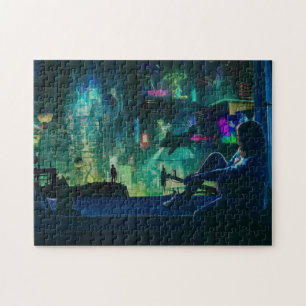 scifi skyscape cyberpunk girl synthwave neo jigsaw puzzle