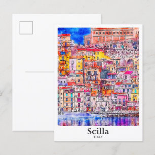 Scilla Italy Travel Watercolor Hand Drawn Postcard