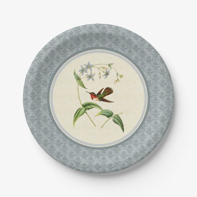 Scintillant Hummingbird Blue Damask Paper Plates (Front)