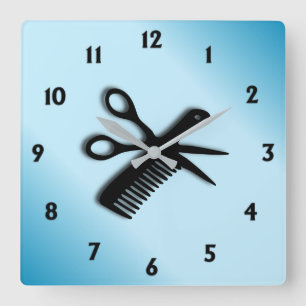 Scissor and Comb Blue Square Wall Clock