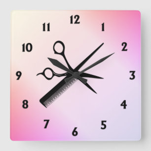 Scissor and Comb Pink Square Wall Clock