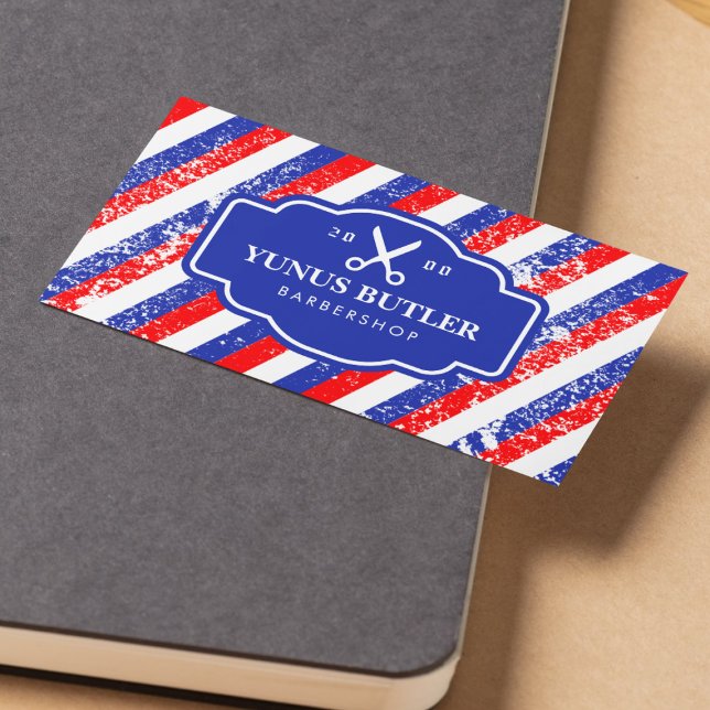 Scissor Barbershop Grunge Blue & Red Stripes  Business Card (Creator Uploaded)