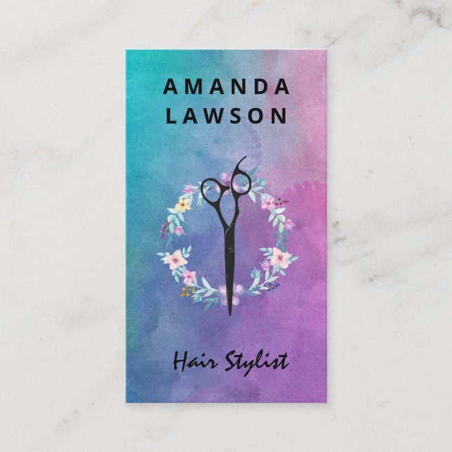Scissor | Floral Arrangement | Watercolor Texture Business Card (Front)