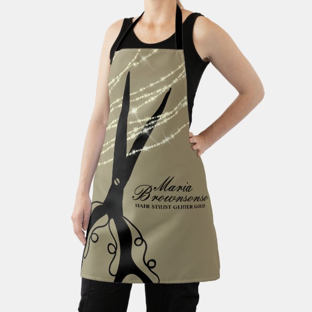 Scissor swirl cutting hair stylist Glitter khaki Apron (Insitu)