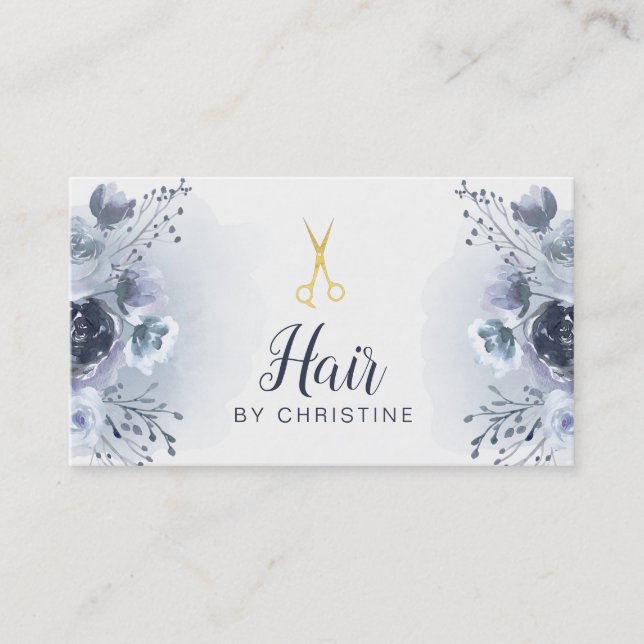 scissors and blue floral decor business card (Front)
