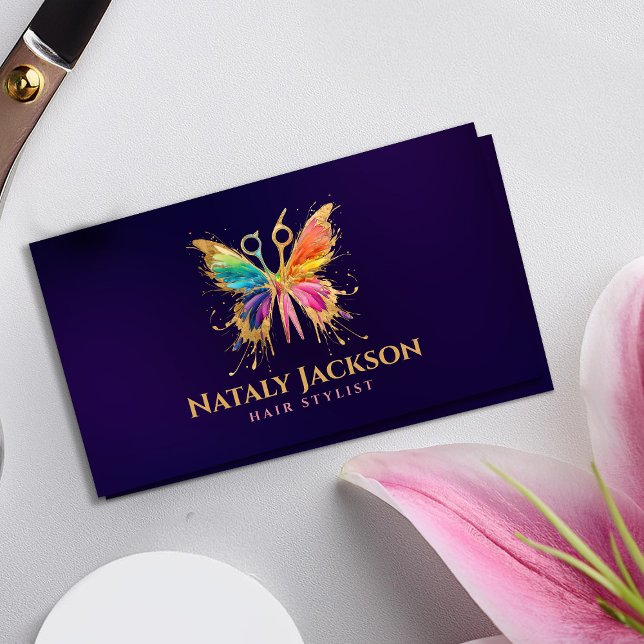 Scissors and Butterfly Gold and Colour Business Card (Creator Uploaded)