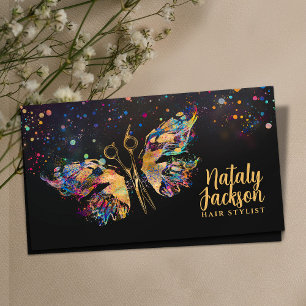 Scissors and Butterfly - gold and colour splatter Business Card