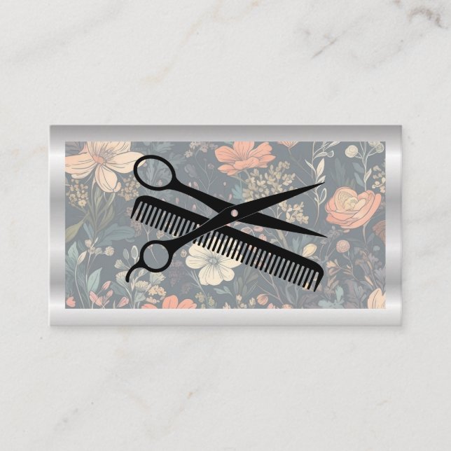Scissors and Comb | Floral Pattern Background Business Card (Front)