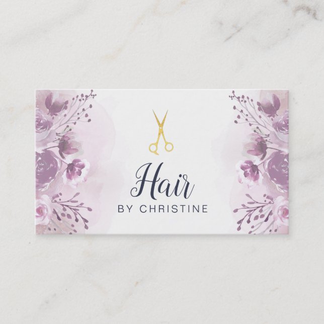 scissors and purple floral decor business card (Front)