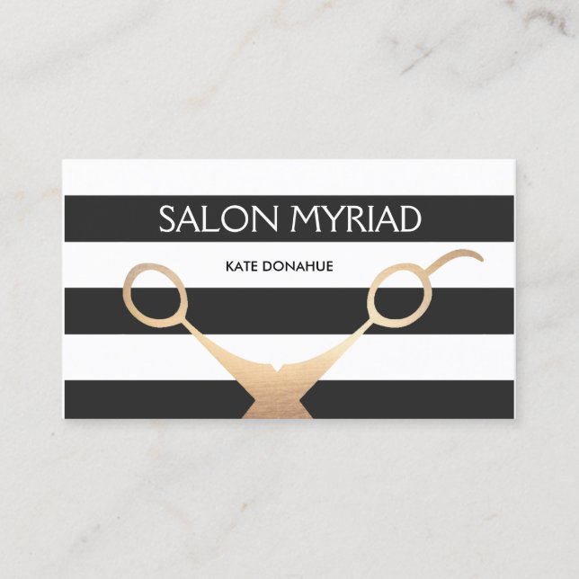 Scissors Black and White Striped Hair Salon Business Card (Front)