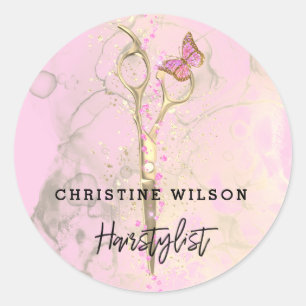 scissors butterfly pink ink splashes classic round sticker