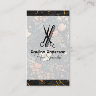 Scissors Comb Logo Black Marble Flowers Business Card