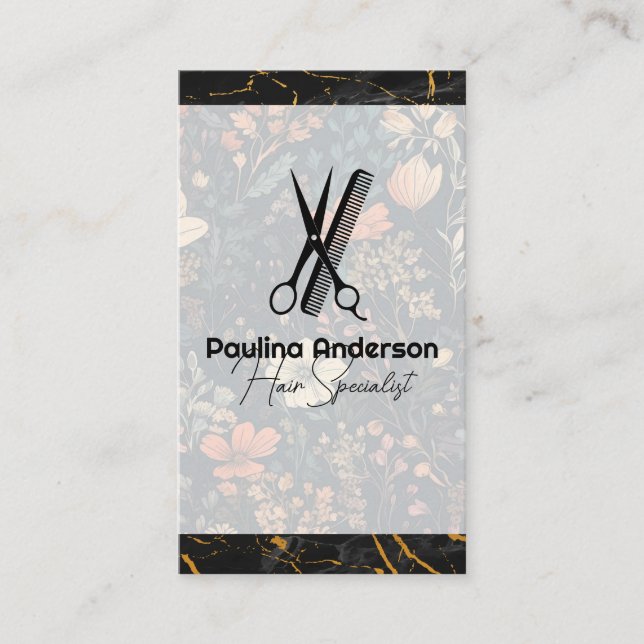 Scissors Comb Logo | Black Marble | Flowers Business Card (Front)