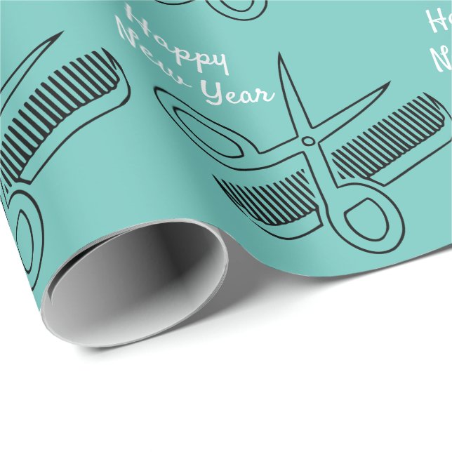 Scissors Comb Patterns Beach Teal Happy New Year Wrapping Paper (Roll Corner)
