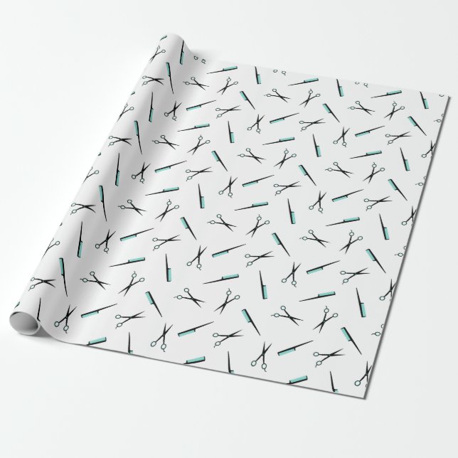 Scissors & Combs Pattern - Black White & Turquoise Wrapping Paper (Unrolled)