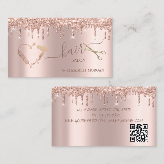 Scissors Dryer Brush Rose Gold Glitter Drips  Business Card (Front/Back)