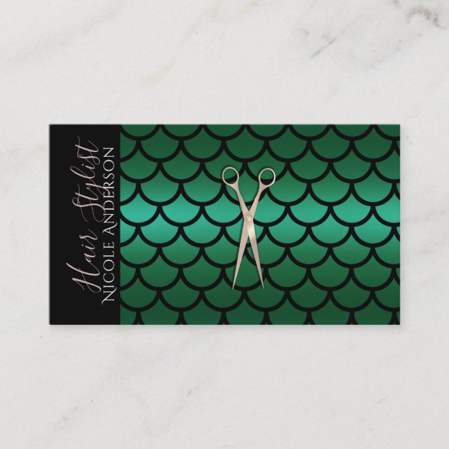 Scissors Green Mermaid Hair Stylist Business Card (Front)
