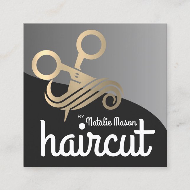 Scissors Hair Golden Logo | Salon Square Business Card (Front)