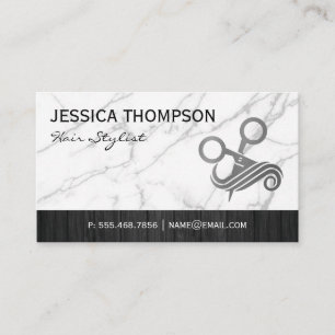 Scissors Hair Logo   Marble   Wood Trim Business Card