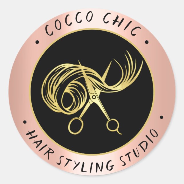 Scissors Hair Logo Name Thank You Gold Rose Classic Round Sticker (Front)