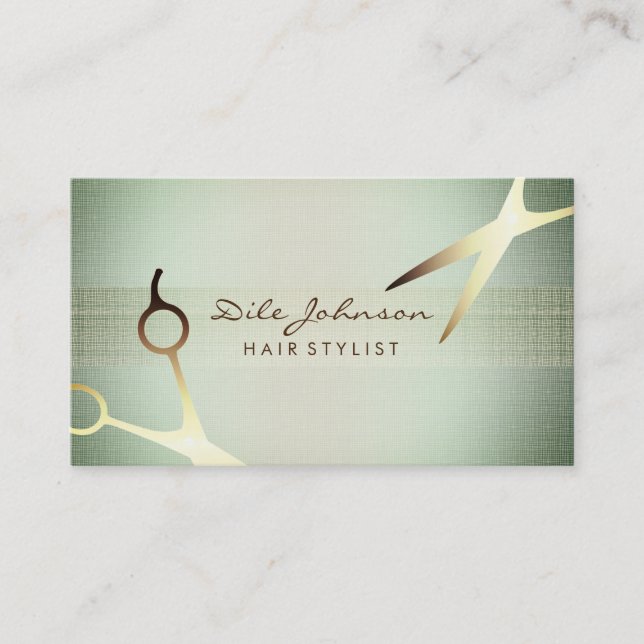 Scissors Hair Stylist Gold Glitter Saloon Linen Business Card (Front)