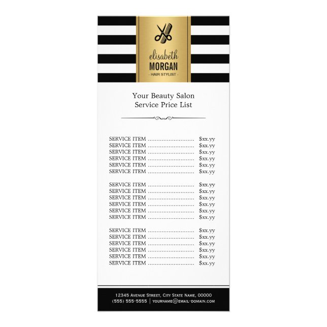 Scissors Logo Gold Black White Stripes Price List Rack Card (Front)