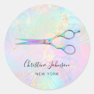 scissors logo on faux holographic design classic round sticker