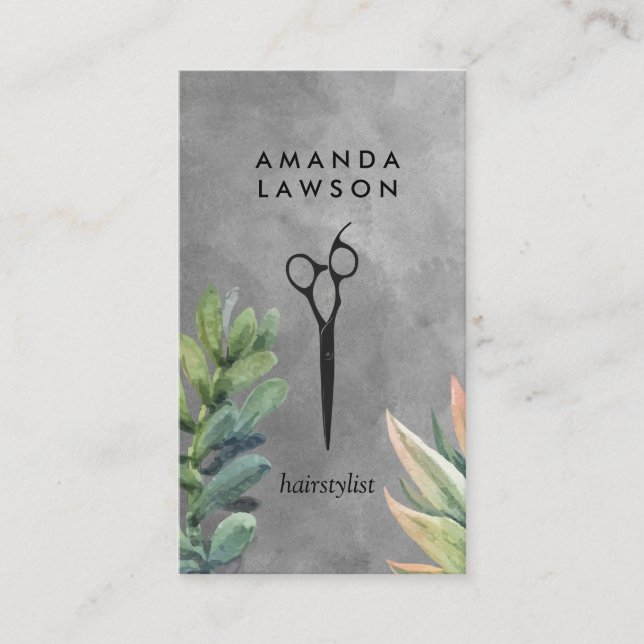 Scissors | Watercolor | Succulents Business Card (Front)