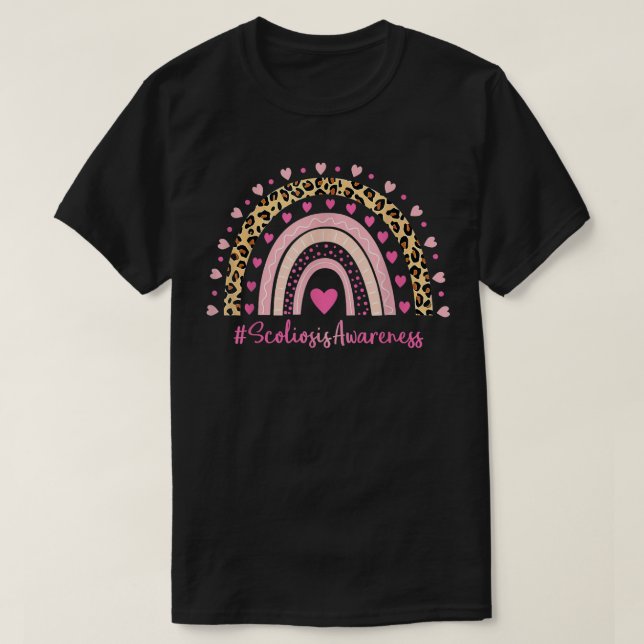 Scoliosis Awareness Pink Heart Leopard Rainbow Sco T-Shirt (Design Front)