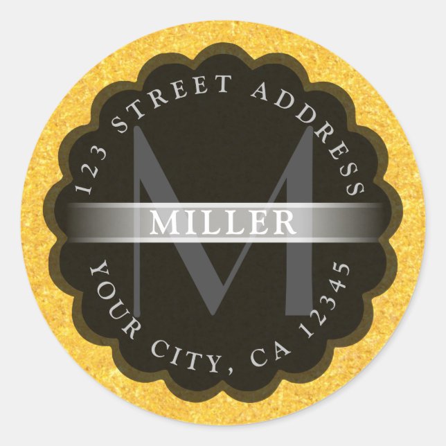 Scollop & Gold Monogram Classic Round Sticker (Front)