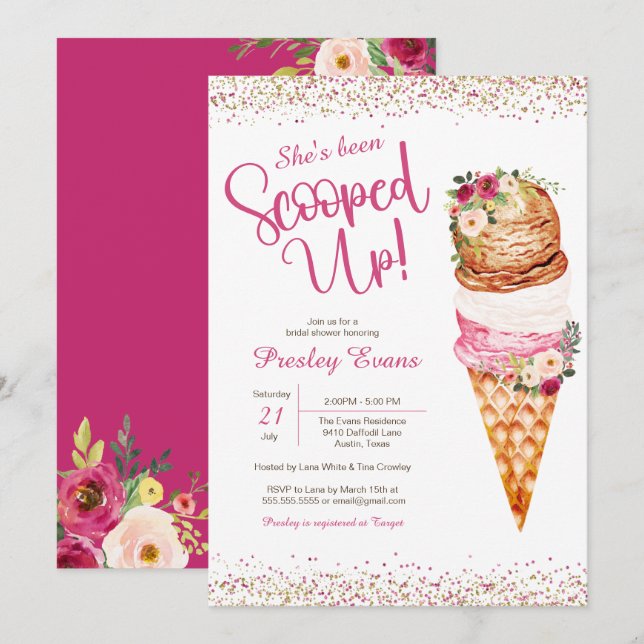 Scooped up, Ice Cream Floral Bridal Shower  Invitation (Front/Back)