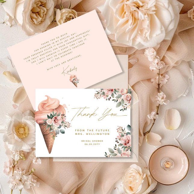 Scooped Up Ice Cream Floral Pink Bridal Shower Thank You Card (Creator Uploaded)